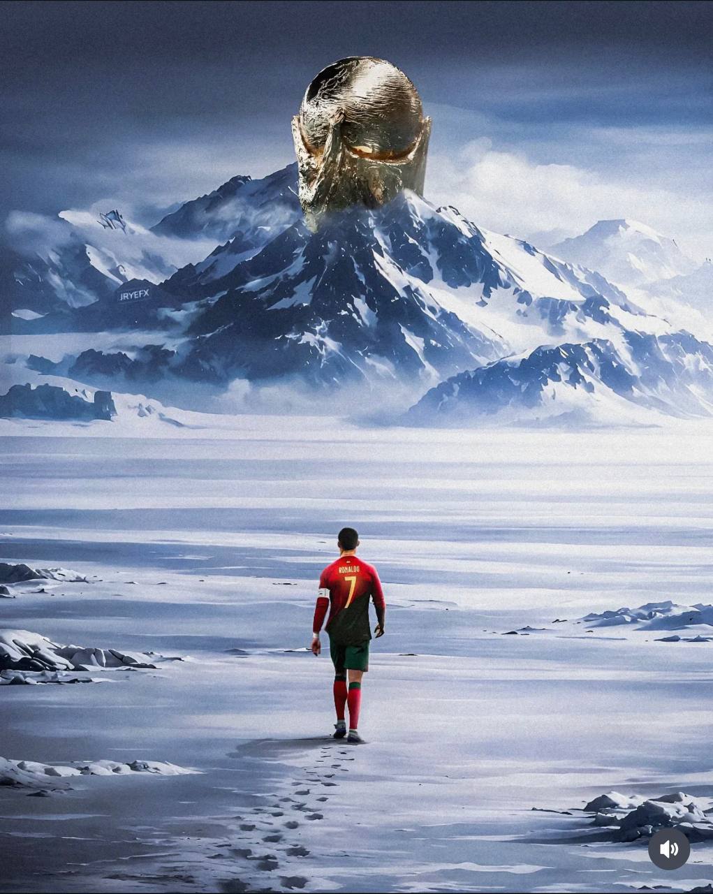 Ronaldo walks through the snow toward a golden coin in the mountains