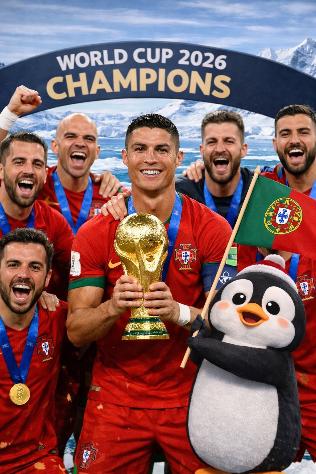 The team with the trophy and a penguin with a flag