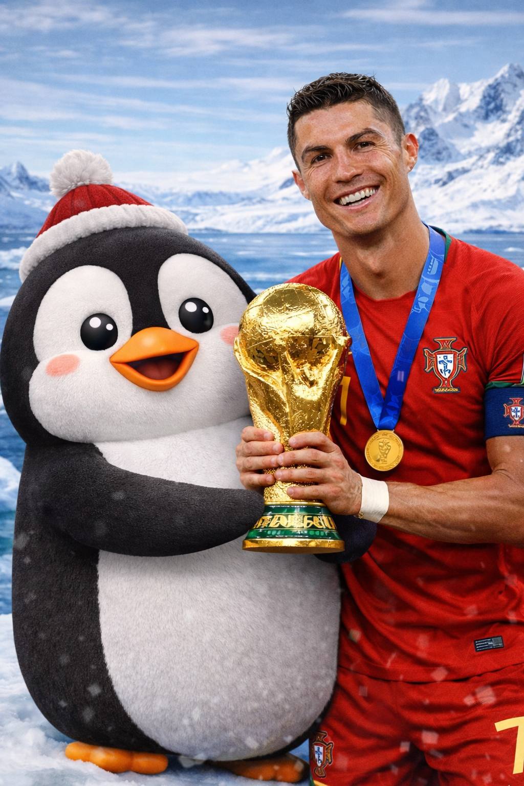 Ronaldo and a penguin with the trophy on icy cliffs